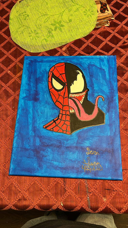 Spider-Man and Venom half and half painting
